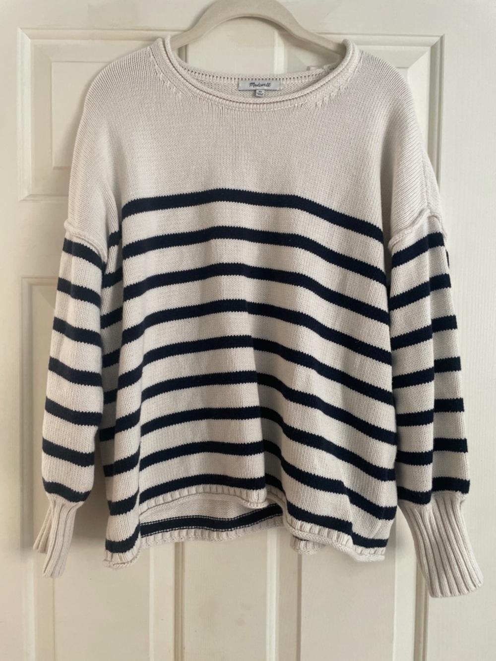 Madewell Ivory Crewneck Sweater with Navy Stripes